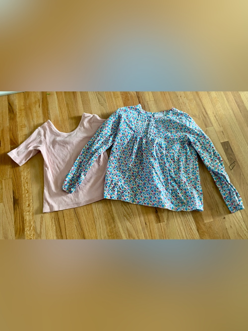 Hanna Andersson Set of 2 Size 130 Floral Ruffle Pleated Placket Ribbed Shirts